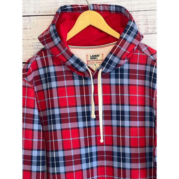 Lands' End Serious Sweats Hooded Lounger Gown Red White Blue Plaid Size L - Picture 2 of 14